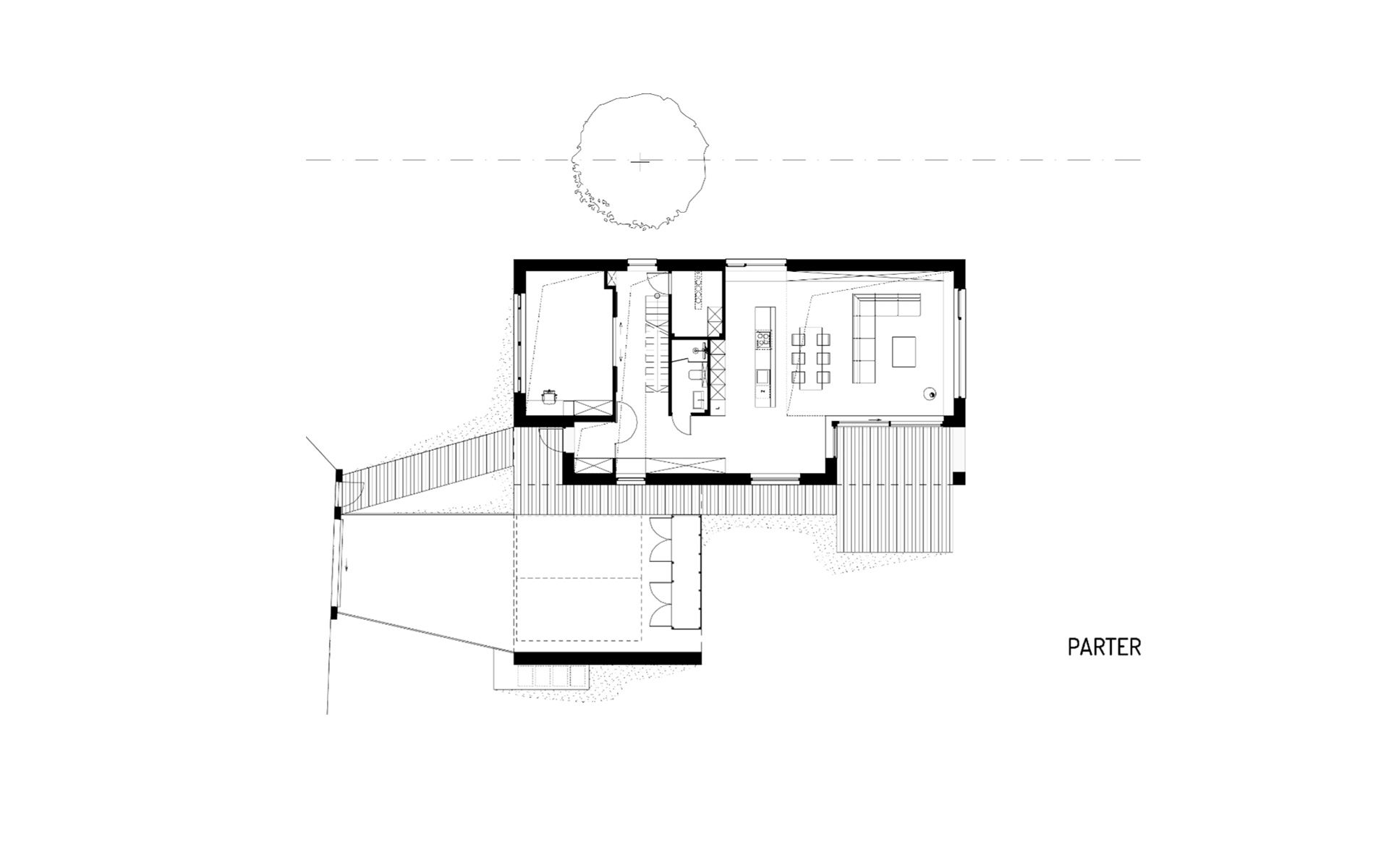 Obraz projektu parteru domu z wiatą garażową i drewnianą elewacją