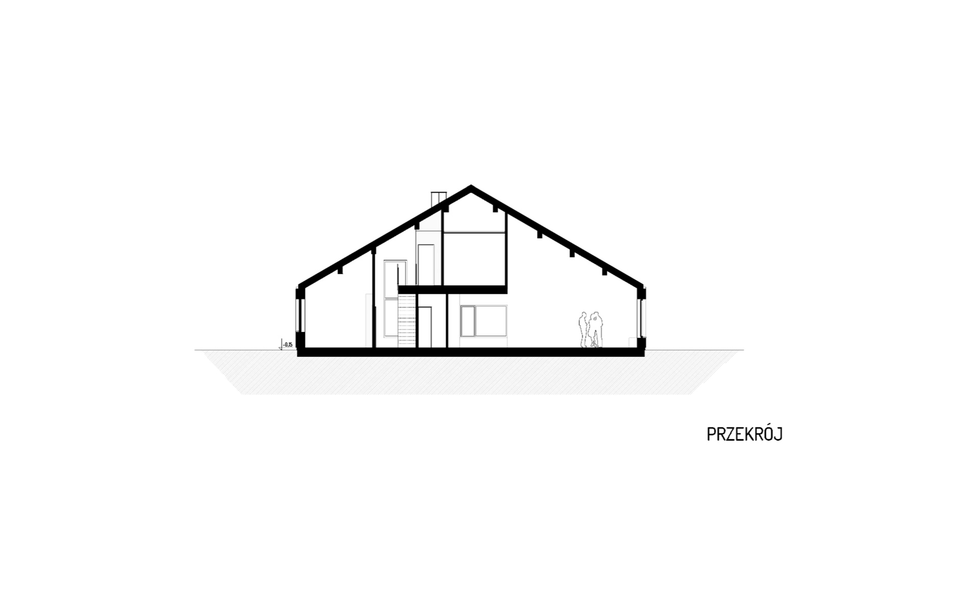 Przekrój projektu domu z wiatą garażową i drewnianą elewacją