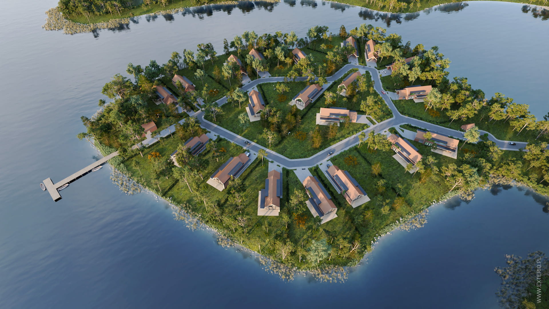 Projekt osiedla domów jednorodzinnych, wakacyjnych na wyspie nad jeziorem - główne zdjęcie projektu